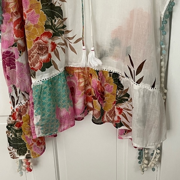 Z & L Europe Boho Floral Pom-Pom Caftan Kimono Coverup size OS Beach Vacation - Picture 6 of 16